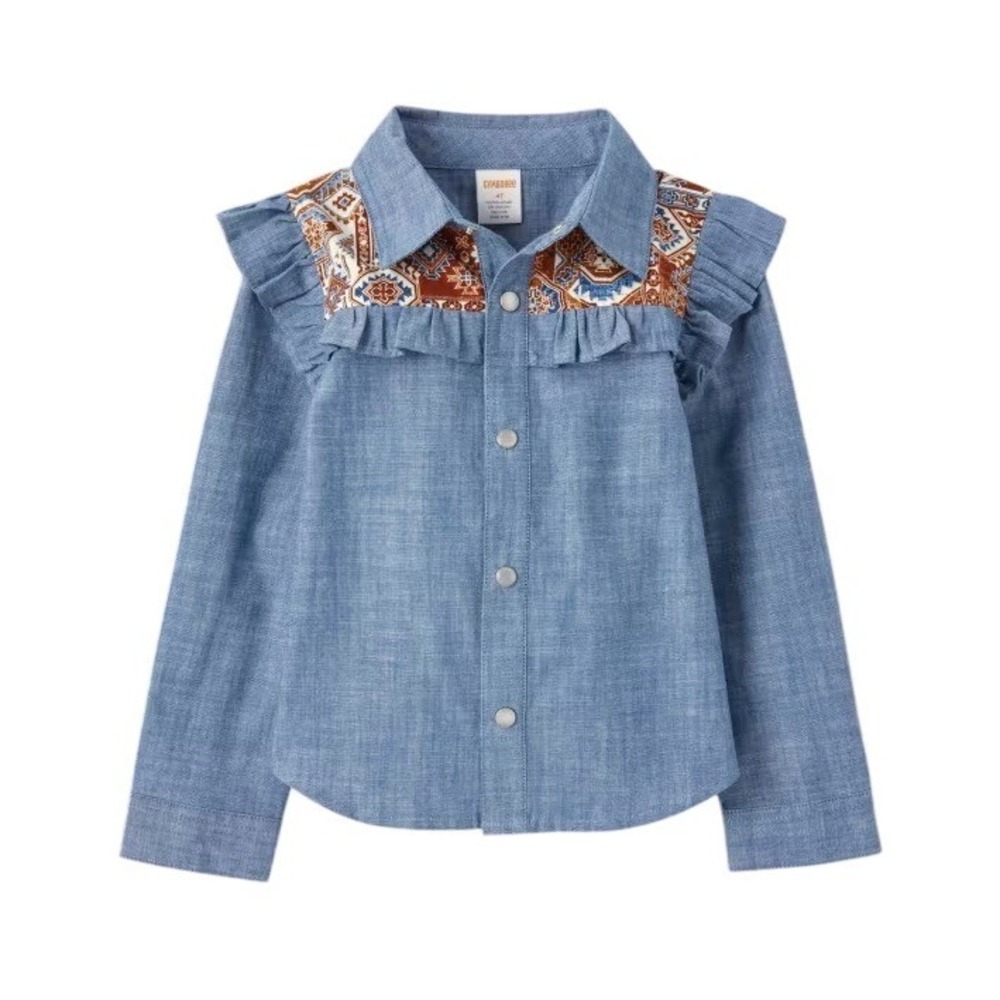 Gymboree Button‎ Down Shirt Kids 2T Blue Embroidered Ruffle Chambray Western